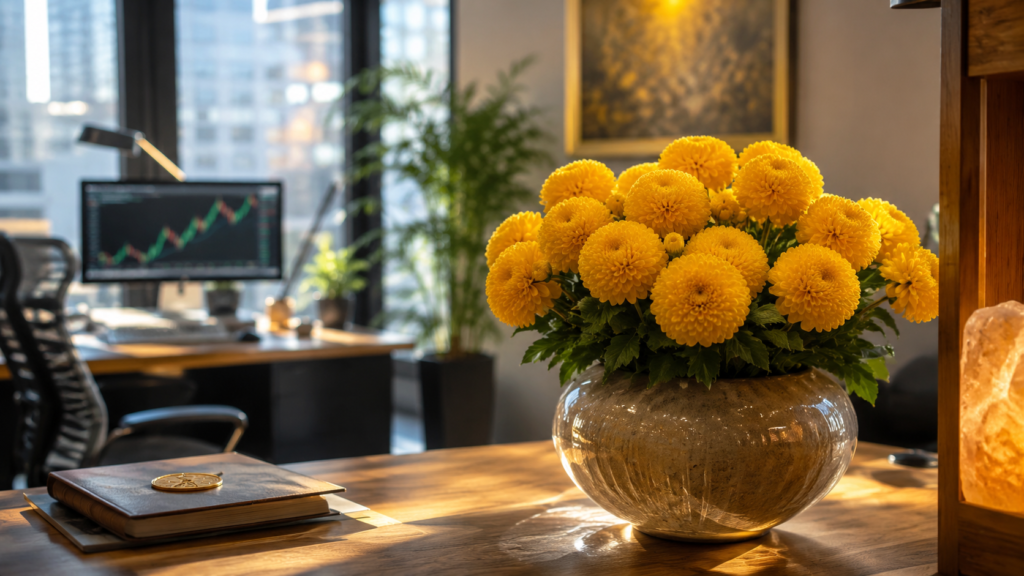 Use Yellow Floral Arrangements In The North To Stabilize Unpredictable Stock Market Gains Bright workspace with yellow chrysanthemums