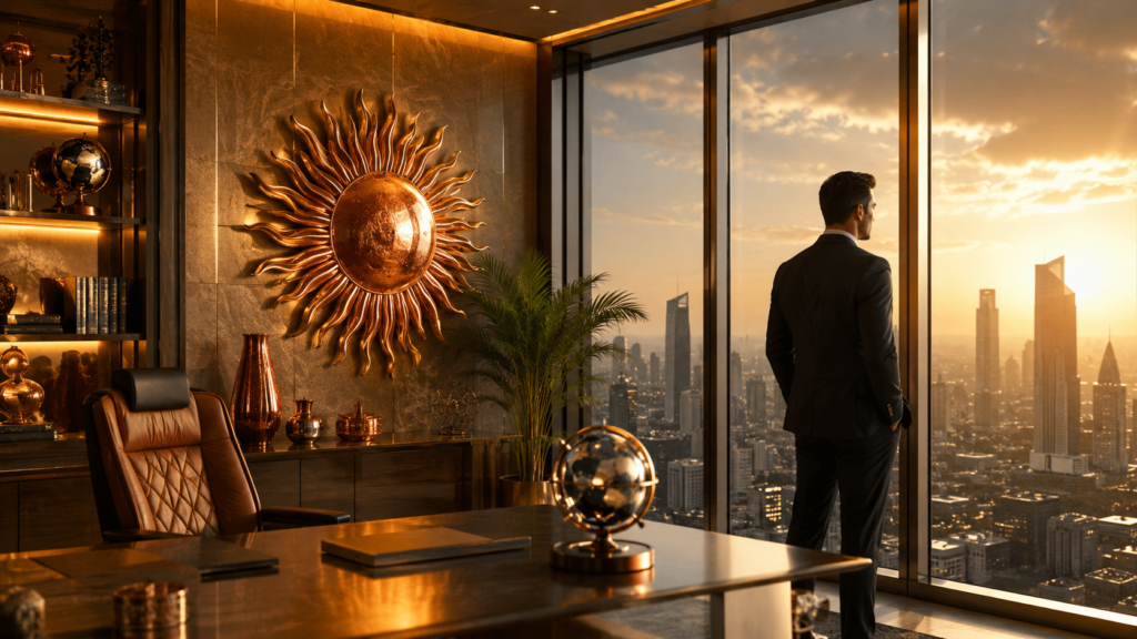 Copper sun sculpture placed in the South corner of a luxury office to enhance reputation, leadership, and social influence according to numerology and directional energy principles.