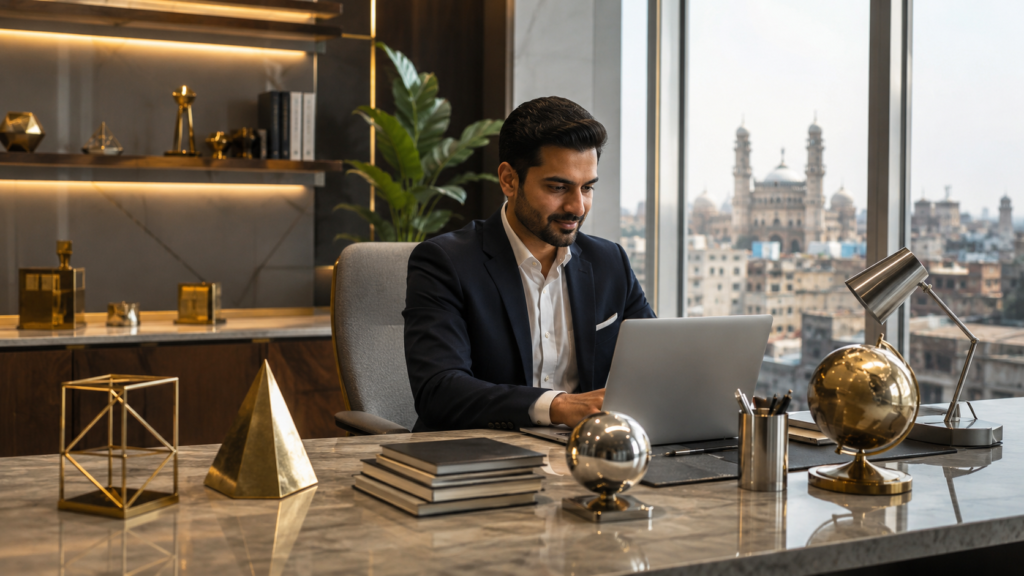 Modern office with city view and decor